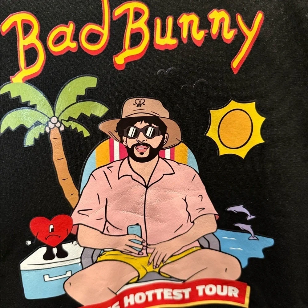 Black Bad Bunny Graphic Hoodie with Tour Design Size XL